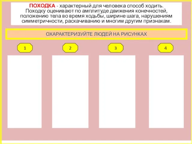 ОХАРАКТЕРИЗУЙТЕ ЛЮДЕЙ НА РИСУНКАХ 1 2 3 4 ПОХОДКА -