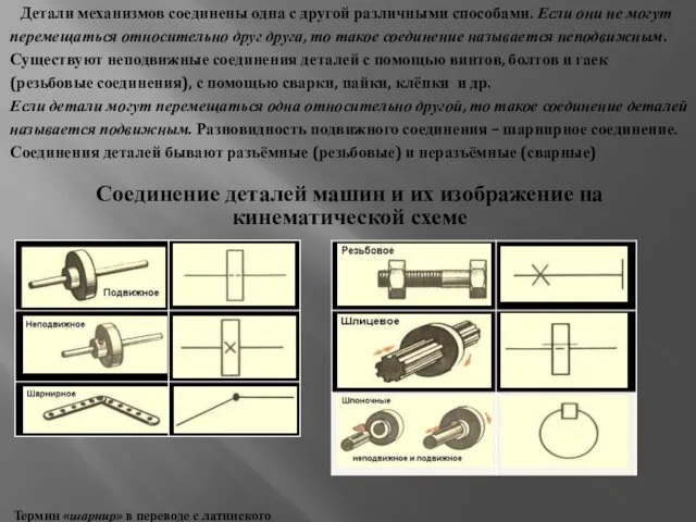 Детали механизмов соединены одна с другой различными способами. Если они