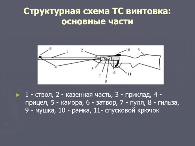 Структурная схема ТС винтовка: основные части 1 - ствол, 2