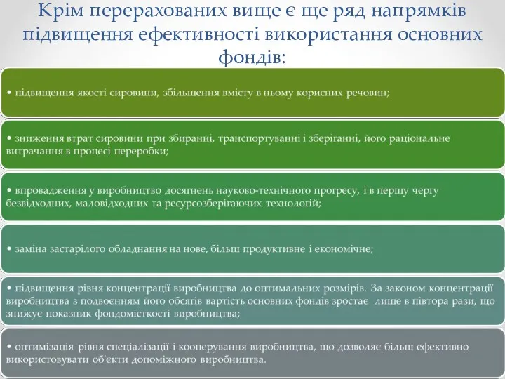 Крім перерахованих вище є ще ряд напрямків підвищення ефективності використання основних фондів: