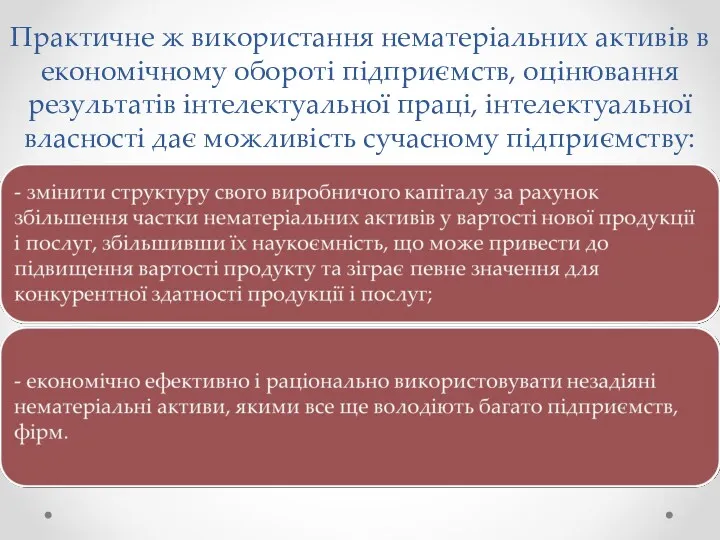 Практичне ж використання нематеріальних активів в економічному обороті підприємств, оцінювання