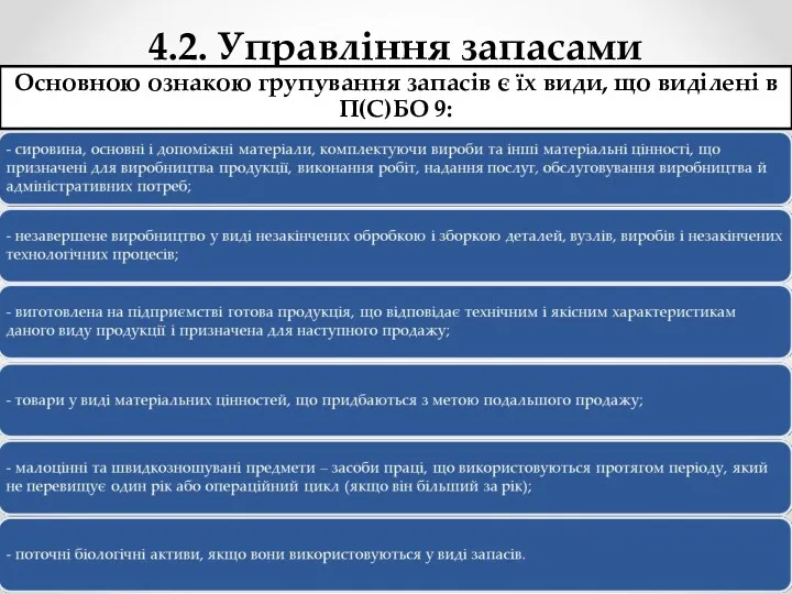 4.2. Управління запасами Основною ознакою групування запасів є їх види, що виділені в П(С)БО 9: