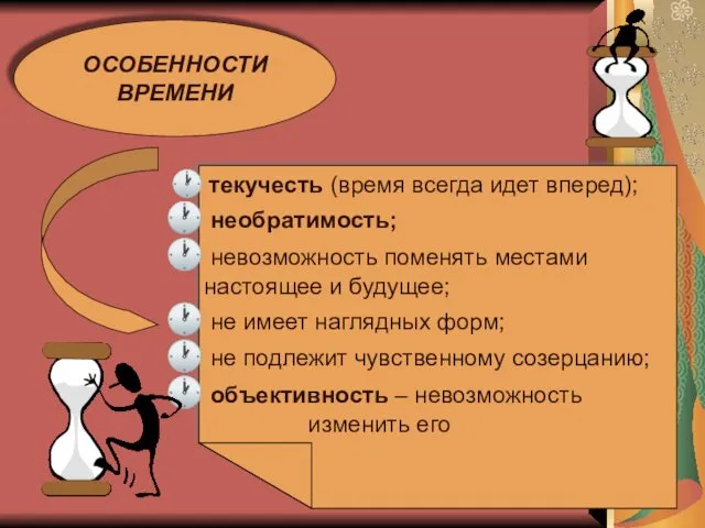 ОСОБЕННОСТИ ВРЕМЕНИ текучесть (время всегда идет вперед); необратимость; невозможность поменять