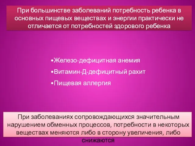 При большинстве заболеваний потребность ребенка в основных пищевых веществах и энергии практически не