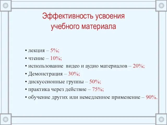 Эффективность усвоения учебного материала лекция – 5%; чтение – 10%; использование видео и