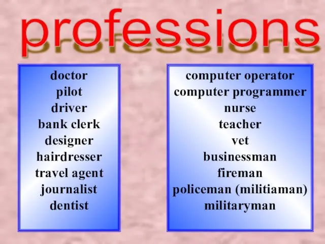 professions doctor pilot driver bank clerk designer hairdresser travel agent