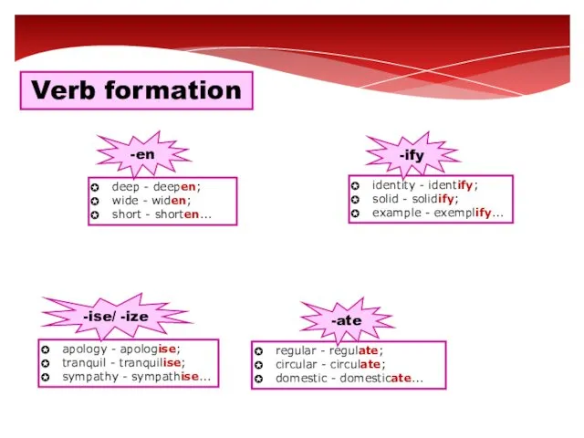 Verb formation -en identity - identify; solid - solidify; example