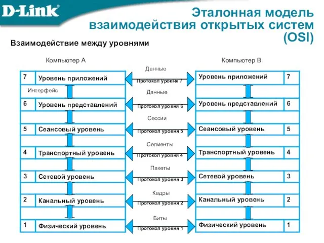 Взаимодействие между уровнями Эталонная модель взаимодействия открытых систем (OSI) Кадры