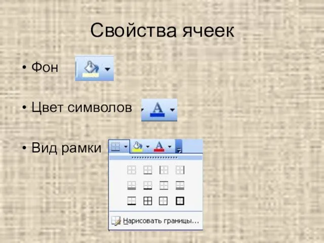 Свойства ячеек Фон Цвет символов Вид рамки