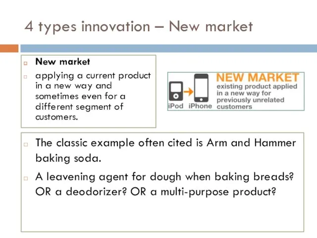 4 types innovation – New market New market applying a