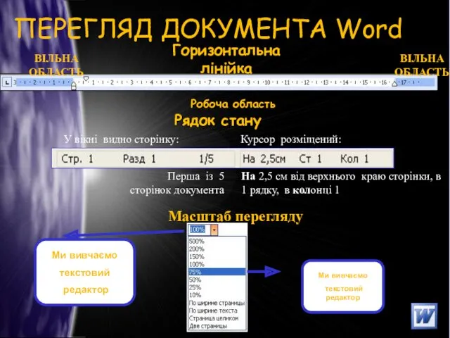 ПЕРЕГЛЯД ДОКУМЕНТА Word Рядок стану Перша із 5 сторінок документа