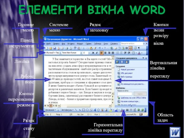 ЕЛЕМЕНТИ ВІКНА WORD Рядок стану Горизонтальна лінійка перегляду Рабоче поле