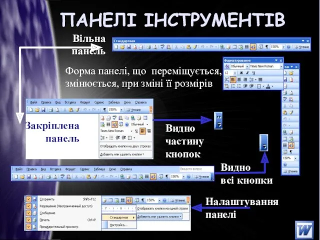 ПАНЕЛІ ІНСТРУМЕНТІВ Форма панелі, що переміщується, змінюється, при зміні її