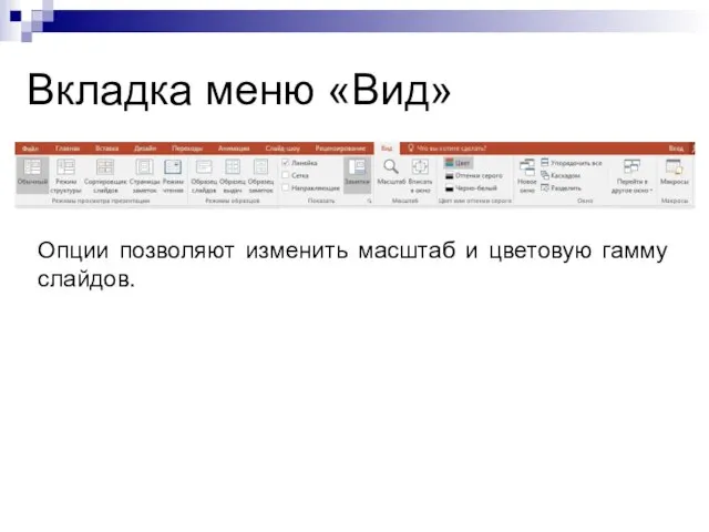 Вкладка меню «Вид» Опции позволяют изменить масштаб и цветовую гамму слайдов.