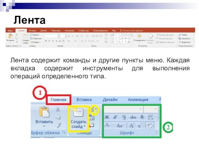 Лента Лента содержит команды и другие пункты меню. Каждая вкладка
