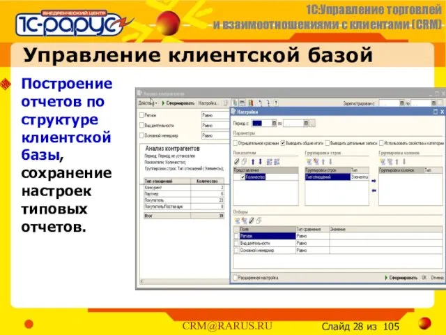 Управление клиентской базой Построение отчетов по структуре клиентской базы, сохранение настроек типовых отчетов.