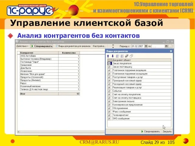 Управление клиентской базой Анализ контрагентов без контактов