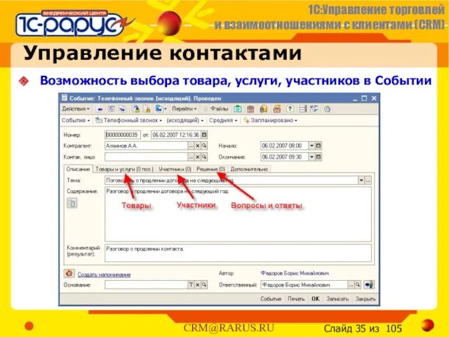 Управление контактами Возможность выбора товара, услуги, участников в Событии