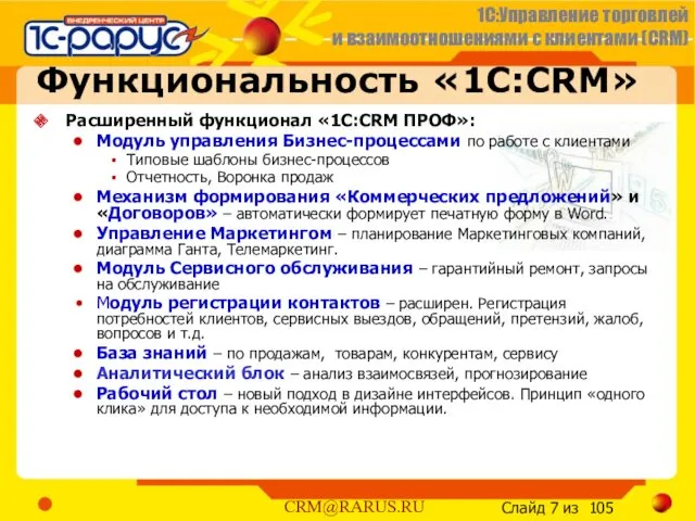 Функциональность «1С:CRM» Расширенный функционал «1С:CRM ПРОФ»: Модуль управления Бизнес-процессами по