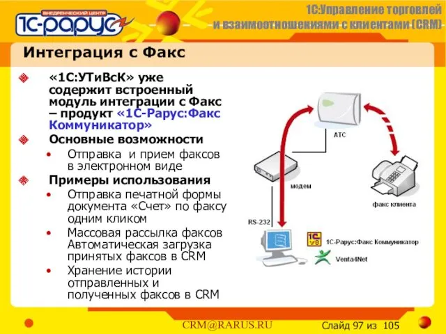 Интеграция с Факс «1С:УТиВсК» уже содержит встроенный модуль интеграции с