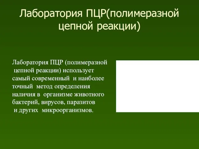 Лаборатория ПЦР(полимеразной цепной реакции) Лаборатория ПЦР (полимеразной цепной реакции) использует