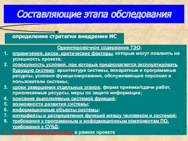 Составляющие этапа обследования Ориентировочное содержание ТЭО: ограничения, риски, критические факторы,