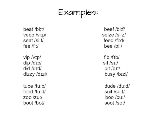 Examples: beat /bi:t/ beef /bi:f/ veep /vi:p/ seize /si:z/ seat