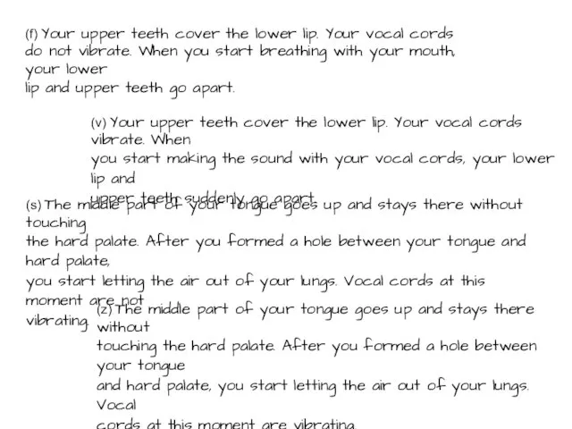 (f) Your upper teeth cover the lower lip. Your vocal