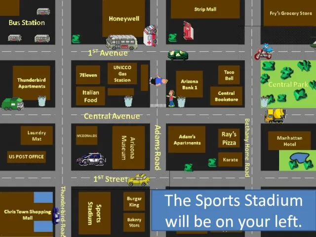 The Sports Stadium will be on your left.