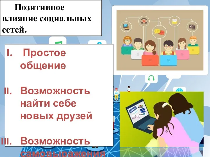 Позитивное влияние социальных сетей. Простое общение Возможность найти себе новых друзей Возможность самовыражения