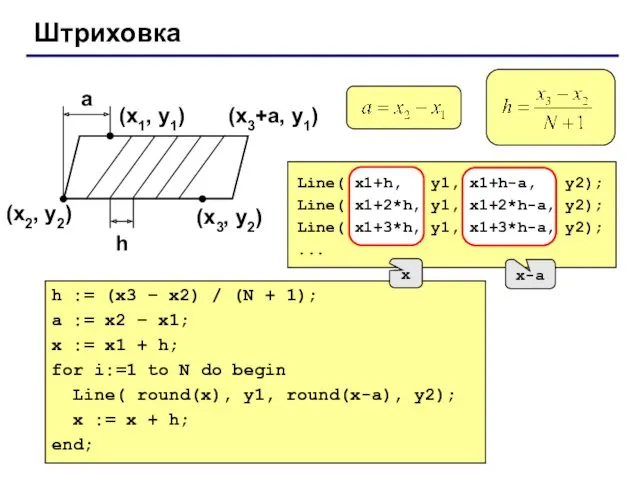 Штриховка (x1, y1) (x2, y2) (x3, y2) a h (x3+a,