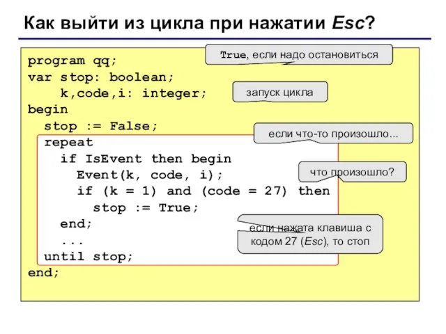 Как выйти из цикла при нажатии Esc? program qq; var