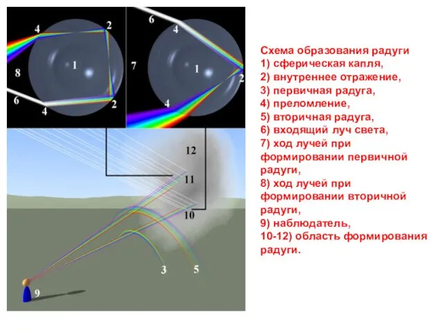 Схема образования радуги 1) сферическая капля, 2) внутреннее отражение, 3)