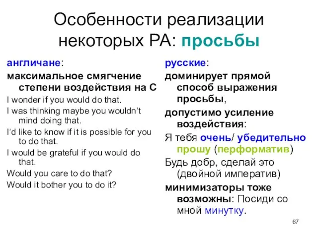 Особенности реализации некоторых РА: просьбы англичане: максимальное смягчение степени воздействия на С I