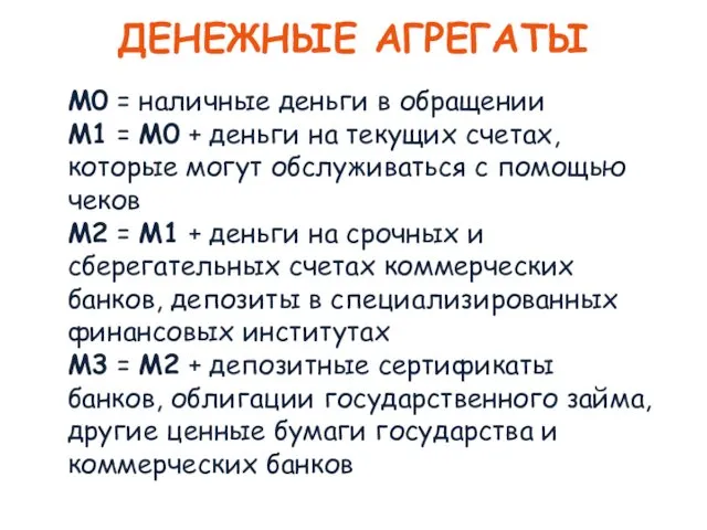 ДЕНЕЖНЫЕ АГРЕГАТЫ М0 = наличные деньги в обращении М1 =