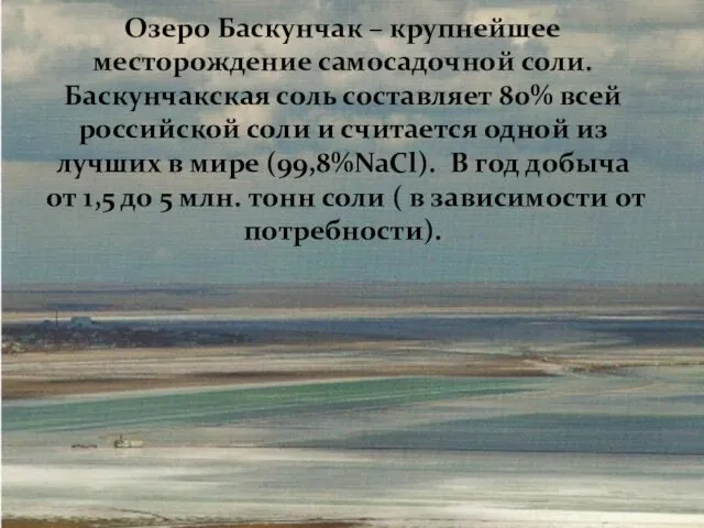 Озеро Баскунчак – крупнейшее месторождение самосадочной соли. Баскунчакская соль составляет