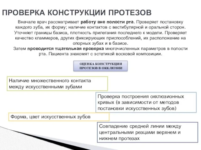 Вначале врач рассматривает работу вне полости рта. Проверяет постановку каждого