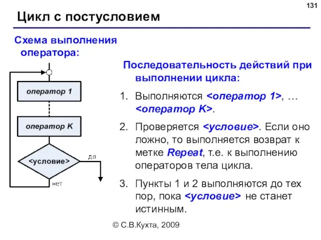 © С.В.Кухта, 2009 Цикл с постусловием Схема выполнения оператора: Последовательность