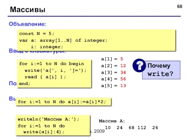 © С.В.Кухта, 2009 Массивы Объявление: Ввод с клавиатуры: Поэлементные операции: