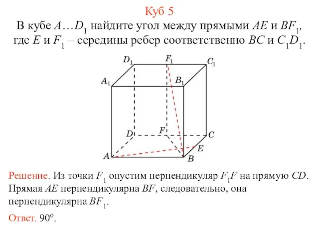 В кубе A…D1 найдите угол между прямыми AE и BF1,