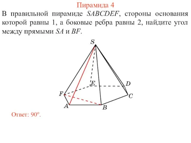 В правильной пирамиде SABCDEF, стороны основания которой равны 1, а