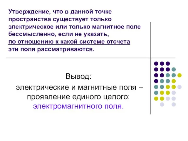 Утверждение, что в данной точке пространства существует только электрическое или