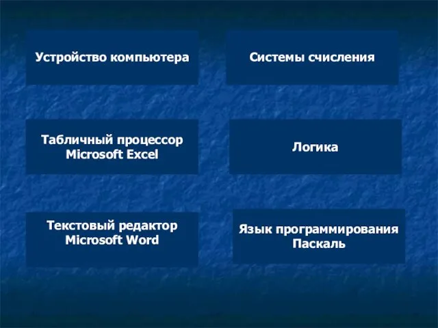 Устройство компьютера Системы счисления Табличный процессор Microsoft Excel Логика Текстовый редактор Microsoft Word Язык программирования Паскаль