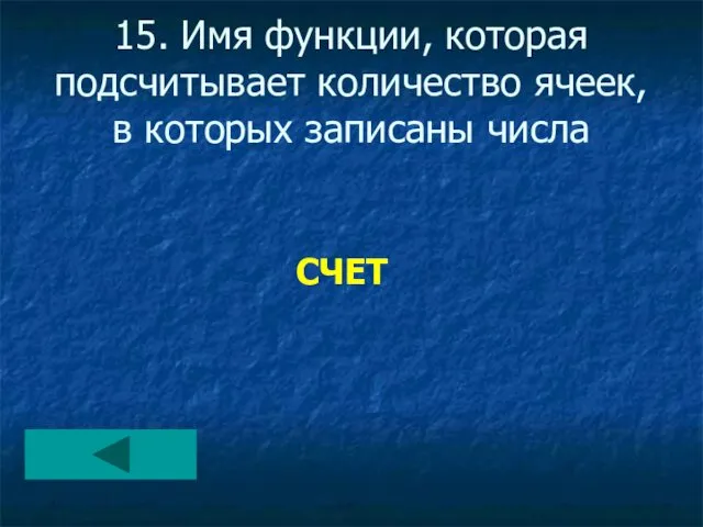 15. Имя функции, которая подсчитывает количество ячеек, в которых записаны числа СЧЕТ