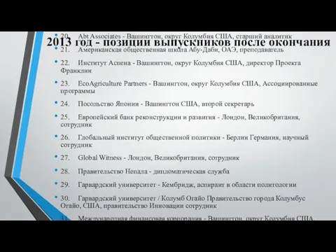 2013 год - позиции выпускников после окончания 20. Abt Associates