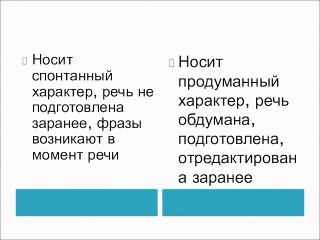 Носит спонтанный характер, речь не подготовлена заранее, фразы возникают в