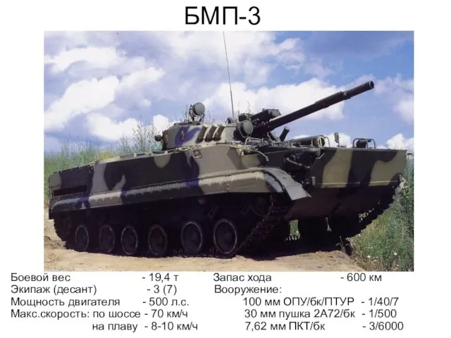 БМП-3 Боевой вес - 19,4 т Запас хода - 600