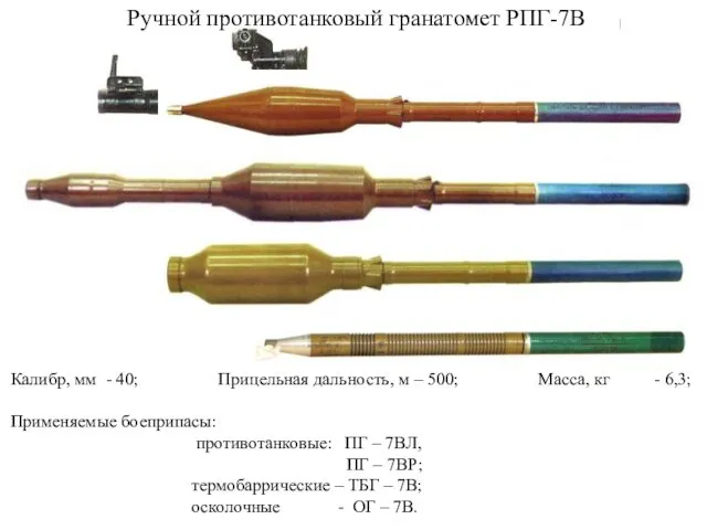 Калибр, мм - 40; Прицельная дальность, м – 500; Масса,