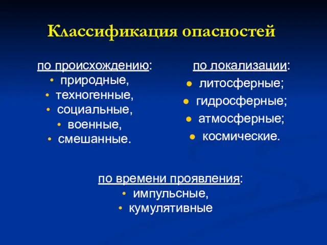 Классификация опасностей по локализации: литосферные; гидросферные; атмосферные; космические. по времени