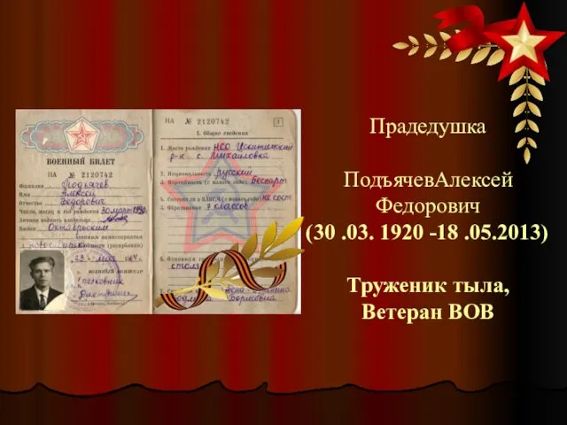 Прадедушка ПодъячевАлексей Федорович (30 .03. 1920 -18 .05.2013) Труженик тыла, Ветеран ВОВ